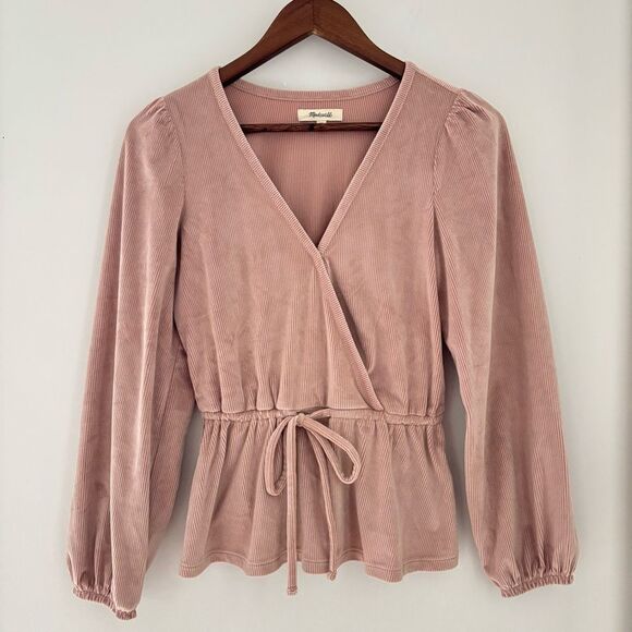Madewell Tops - Madewell Ribbed Wrap Top XS Blush Pink Tie Waist Peplum Cottagecore